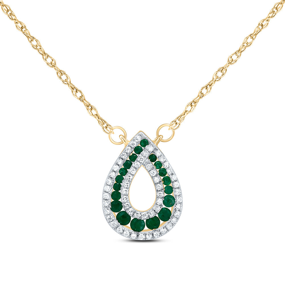 14K Yellow Gold 1/6 CTW-Natural Diamond 1/4 CTW-Rd-Em Nat-Gem Pear Necklace(18Inch ) 1.45 Gram