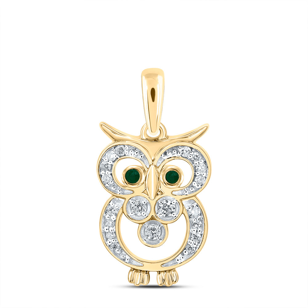 10K Yellow Gold 1/10 CTW-Natural Diamond0.02 CTWrd-Em Nat-Gem Owl Pendant 1.203 Gram