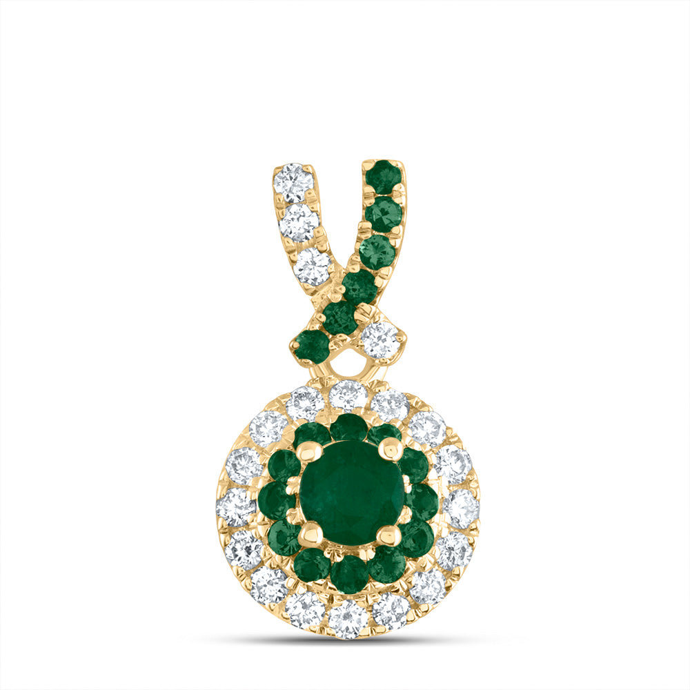 14K Yellow Gold 1/8 CTW-Natural Diamond 1/5 CTW-Rd-Em, Natural Gemstone Round Pendant 0.69 Gram