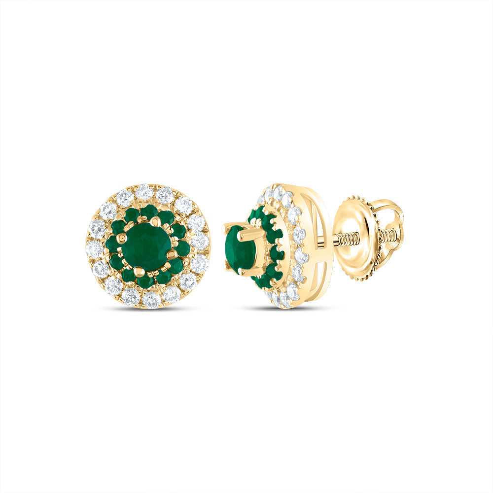 14K Yellow Gold 1/5 CTW-Natural Diamond 1/2 CTW-Rd-Em, Natural Gemstone Round Stud Earring 1.36 Gram