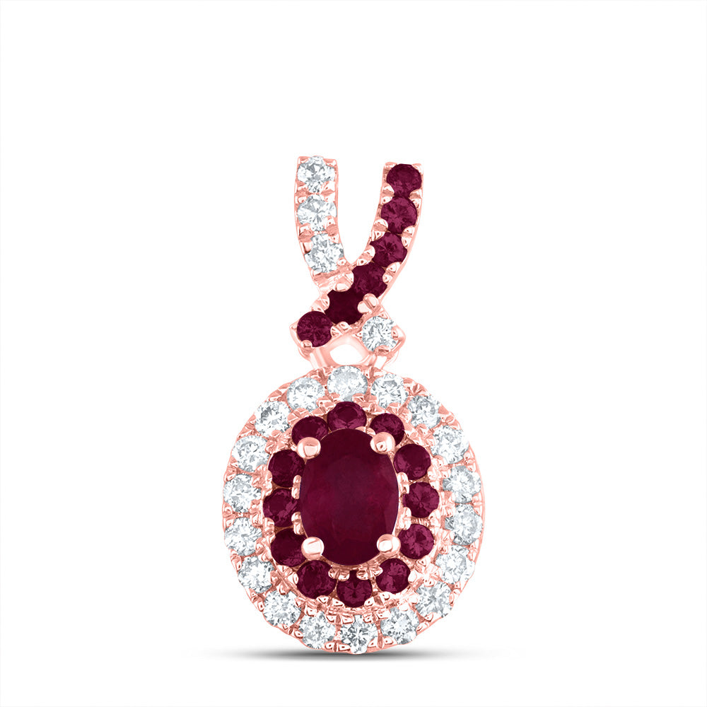 14K Rose Gold 1/8 CTW-Natural Diamond 1/10 CTW-Rd-Ru, 4X3MM-Ov-Ru, Natural Gemstone Oval Pendant 0.71 Gram
