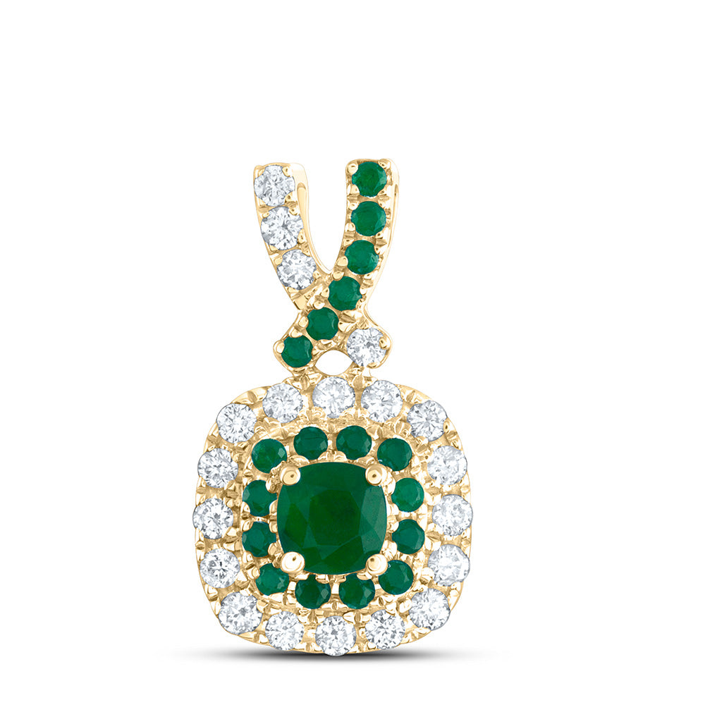 14K Yellow Gold 1/8 CTW-Natural Diamond 1/10 CTW-Rd-Em, 3MM-Cu-Em, Natural Gemstone Cushion Pendant 0.64 Gram