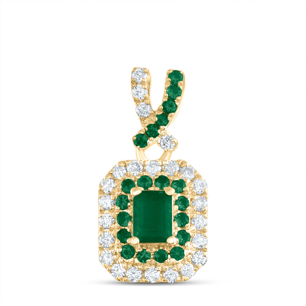 14K Yellow Gold 1/6 CTW-Natural Diamond 1/10 CTW-Rd-Em, 4X3MM-Em-Em, Natural Gemstone Emerald Pendant 0.71 Gram