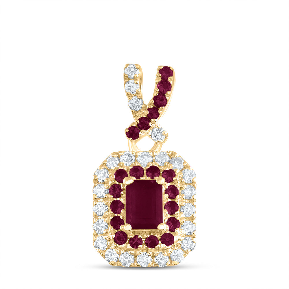 14K Yellow Gold 1/6 CTW-Natural Diamond 1/10 CTW-Rd-Ru, 4X3MM-Em-Ru, Natural Gemstone Emerald Pendant 0.73 Gram