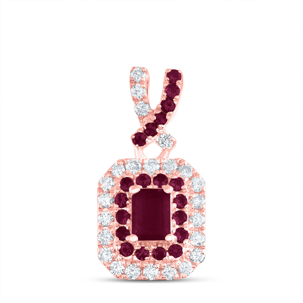 14K Rose Gold 1/6 CTW-Natural Diamond 1/10 CTW-Rd-Ru, 4X3MM-Em-Ru, Natural Gemstone Emerald Pendant 0.77 Gram