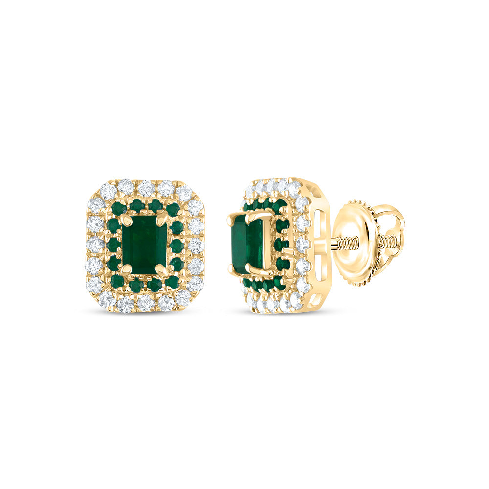 14K Yellow Gold 1/4 CTW-Natural Diamond 1/8 CTW-Rd-Em, 4X3MM-Em-Em, Natural Gemstone Emerald Stud Earring 1.41 Gram