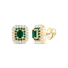 14K Yellow Gold 1/4 CTW-Natural Diamond 1/8 CTW-Rd-Em, 4X3MM-Em-Em, Natural Gemstone Emerald Stud Earring 1.41 Gram