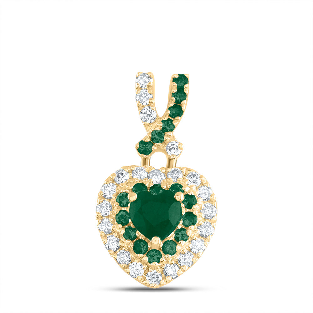 14K Yellow Gold 1/8 CTW-Natural Diamond 1/12 CTW-Rd-Em, 3.5MM-Heart-Em, Natural Gemstone Heart Pendant 0.675 Gram