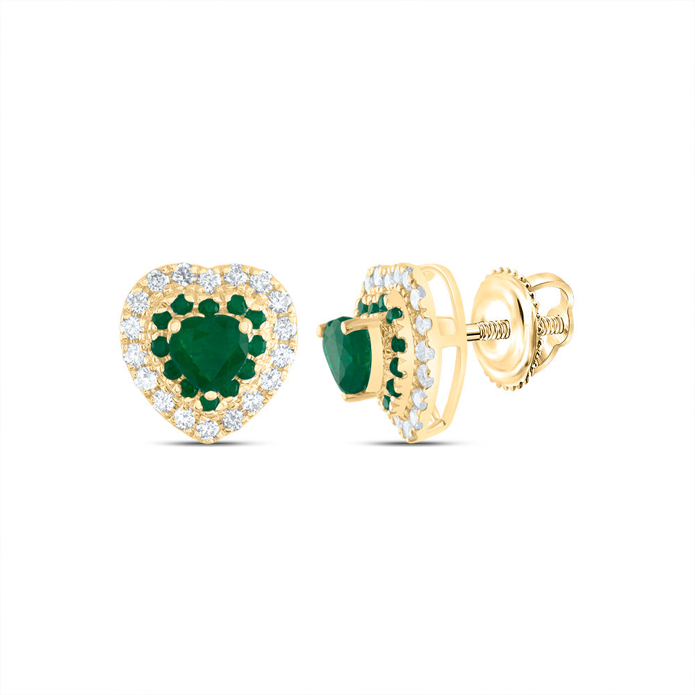 14K Yellow Gold 1/5 CTW-Natural Diamond 1/10 CTW-Rd-Em, 3.5MM-Heart-Em, Natural Gemstone Heart Stud Earring 1.26 Gram