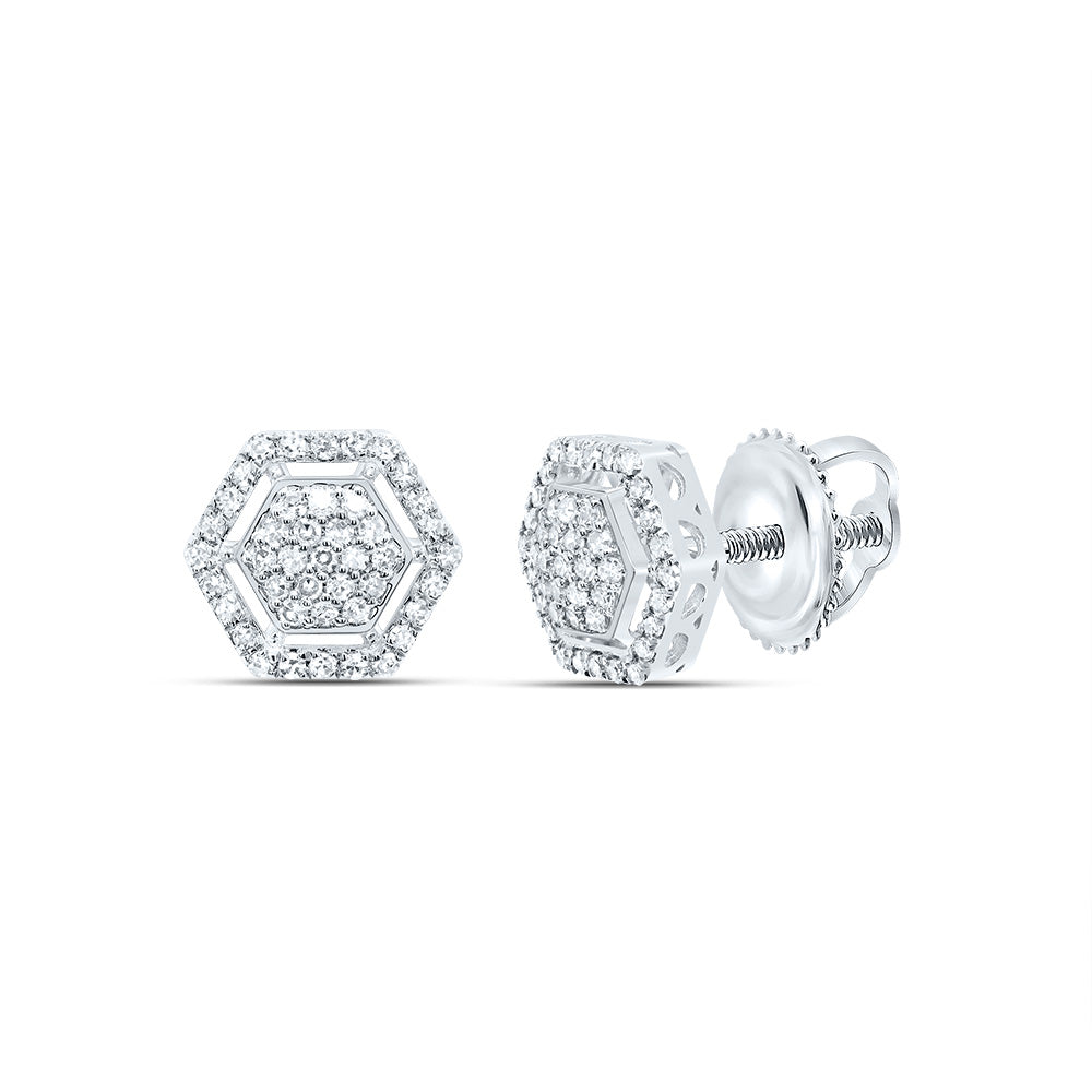 10K White Gold 1/3 CTW-Natural Diamond Fashion Hexagon Stud Earring 1.67 Gram