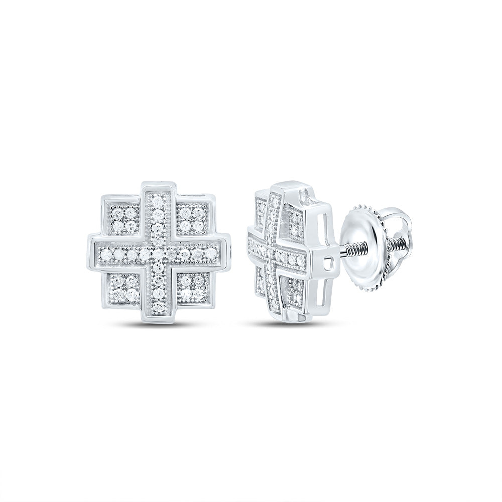 Sterling Silver 1/5 CTWnatural Diamond Square Cross Men'S Stud Earring 2.79 Gram