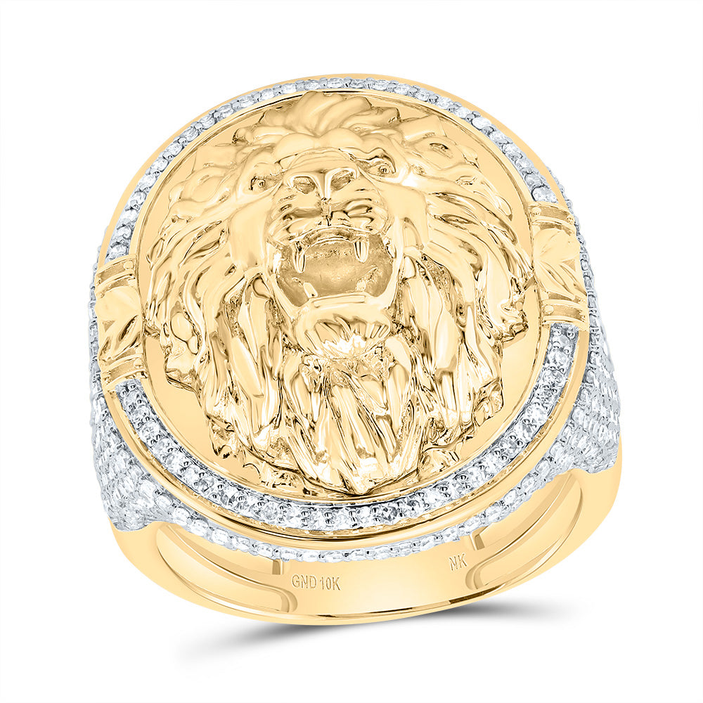 10K Yellow Gold 1 1/2 CTW-Natural Diamond Fashion Lion Face Oval Mens Ring 9.13 Gram