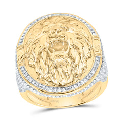 10K Yellow Gold 1 1/2 CTW-Natural Diamond Fashion Lion Face Oval Mens Ring 9.13 Gram