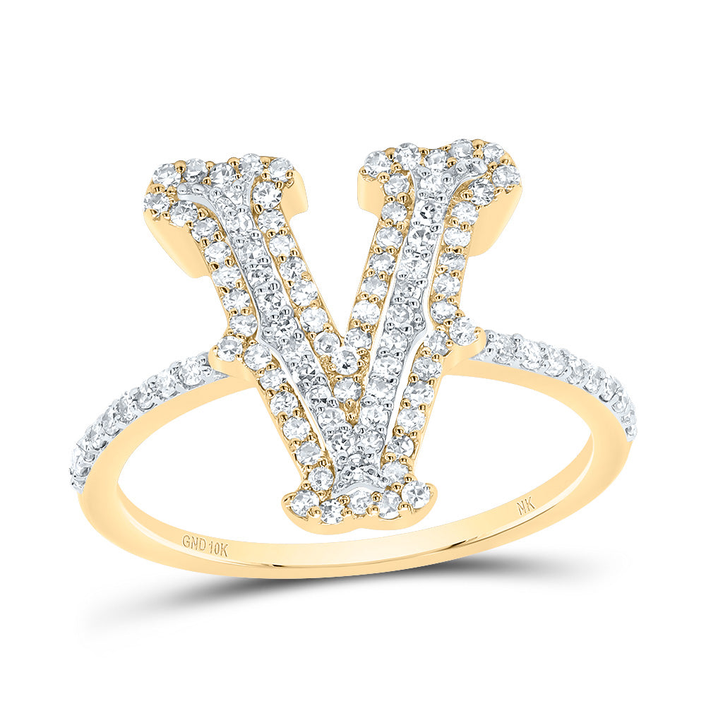 10K Yellow Gold 3/8 CTW-Natural Diamond Fashion Initial "V" Ladies Ring 2.03 Gram