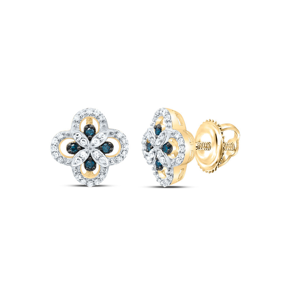 10K Yellow Gold 1/5 CTW-Natural Diamond Gift Blue Diamond Clover Stud Earring 1.90 Gram