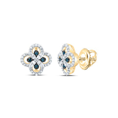 10K Yellow Gold 1/5 CTW-Natural Diamond Gift Blue Diamond Clover Stud Earring 1.90 Gram