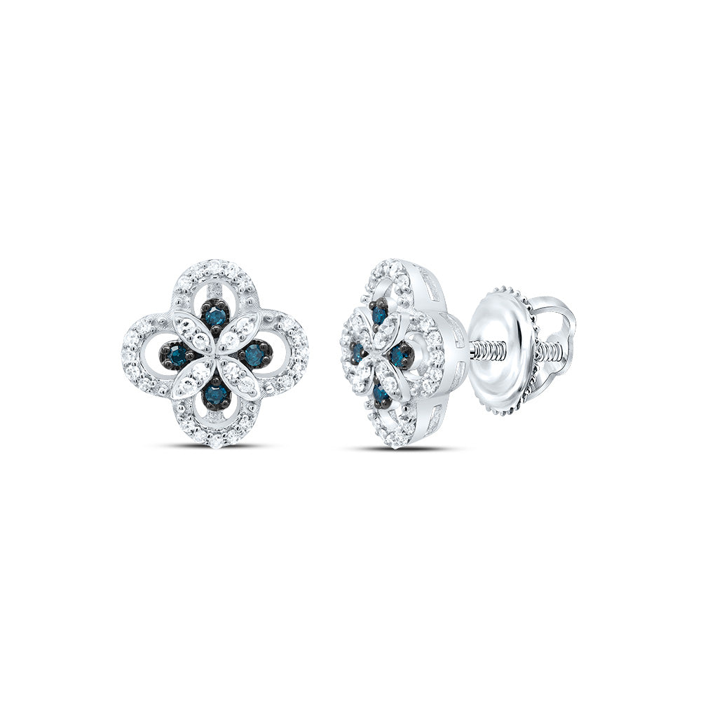 10K White Gold 1/5 CTW-Natural Diamond Gift Blue Diamond Clover Stud Earring 1.86 Gram