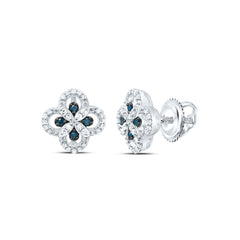10K White Gold 1/5 CTW-Natural Diamond Gift Blue Diamond Clover Stud Earring 1.86 Gram