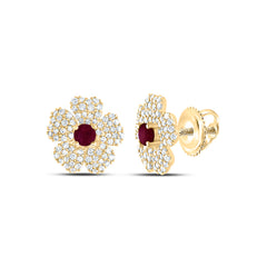 14K Yellow Gold 3/8 CTW-Natural Diamond 2.8MM-Rd-Ru Natural Gemstone Flower Stud Earring 2.14 Gram