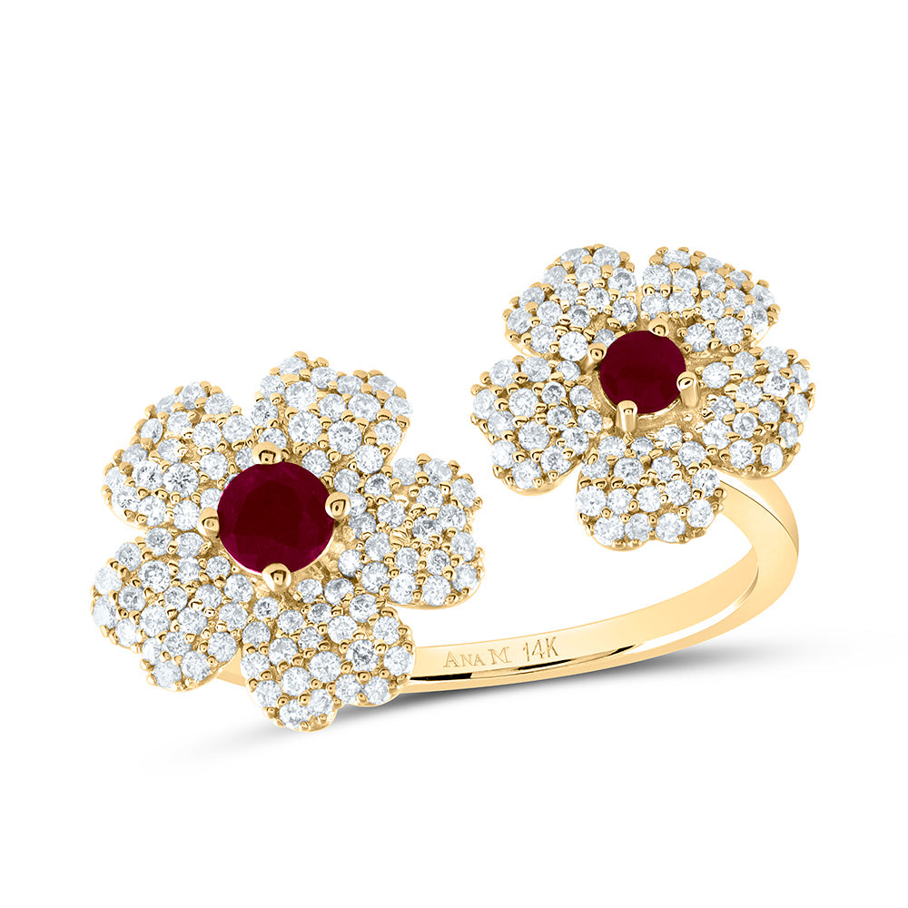 14K Yellow Gold 1/2 CTW-Natural Diamond 2.8MM-Rd-Ru, 3.5MM-Rd-Ru Natural Gemstone Flower Ring 3.77 Gram