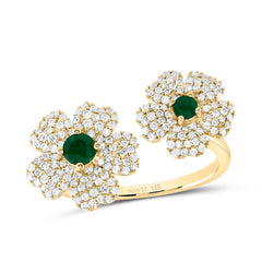 14K Yellow Gold 1/2 CTW-Natural Diamond 2.8MM-Rd-Em, 3.5MM-Rd-Em Natural Gemstone Flower Ring 3.636667 Gram
