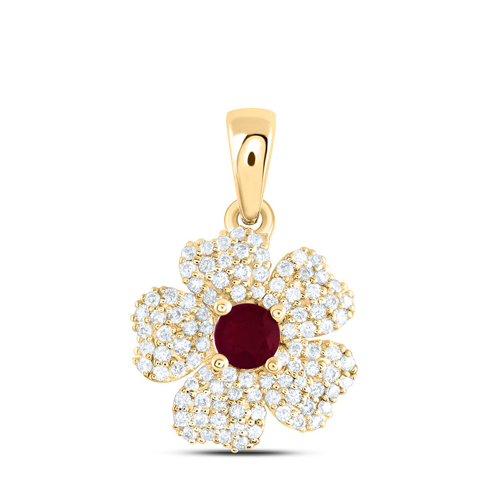 14K Yellow Gold 1/4 CTW-Natural Diamond 3.5MM-Rd-Ru Natural Gemstone Flower Pendant 1.636667 Gram