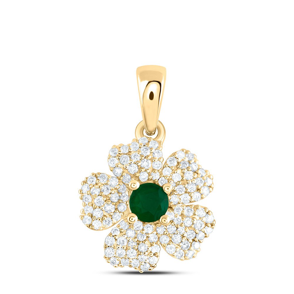 14K Yellow Gold 1/4 CTW-Natural Diamond 3.5MM-Rd-Em Natural Gemstone Flower Pendant 1.643333 Gram