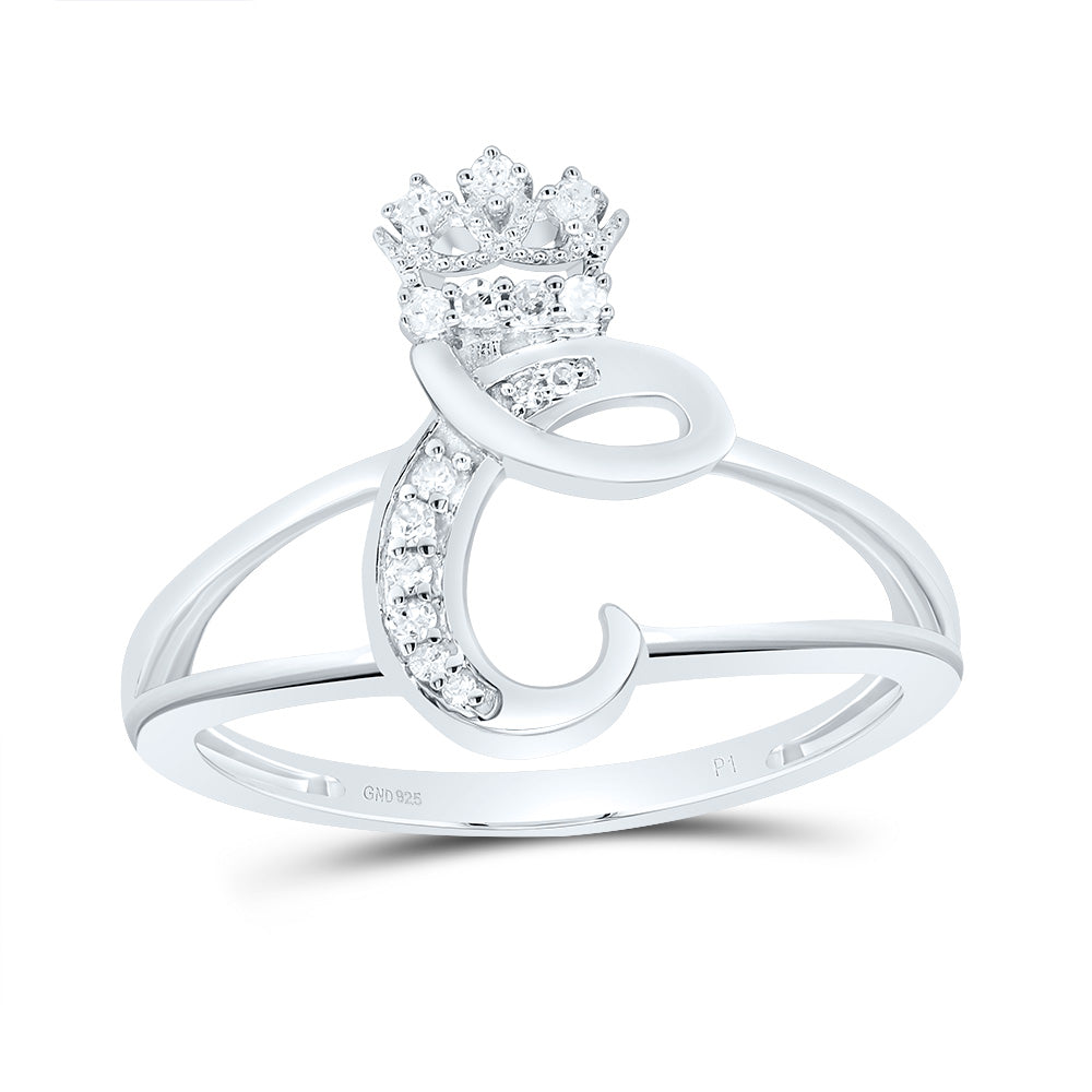Sterling Silver 1/12 CTW-Natural Diamond Gift Initial "C" Crown Ladies Ring 1.92 Gram