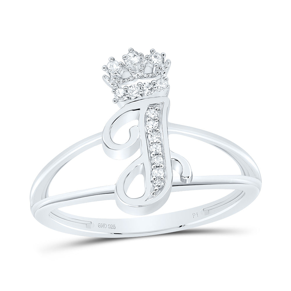 Sterling Silver 1/12 CTW-Natural Diamond Gift Initial "J" Crown Ladies Ring 2.21 Gram