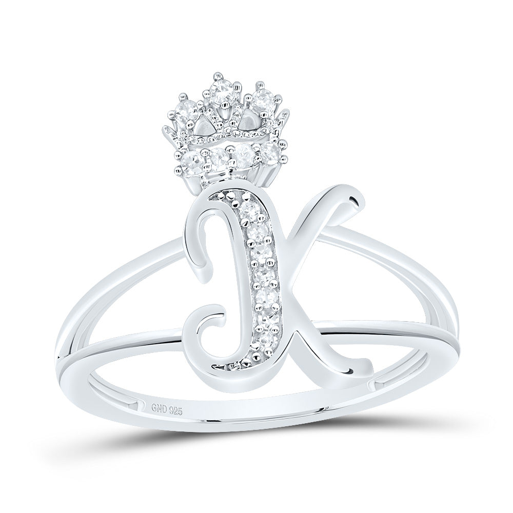 Sterling Silver 1/12 CTW-Natural Diamond Gift Initial "K" Crown Ladies Ring 2.00 Gram