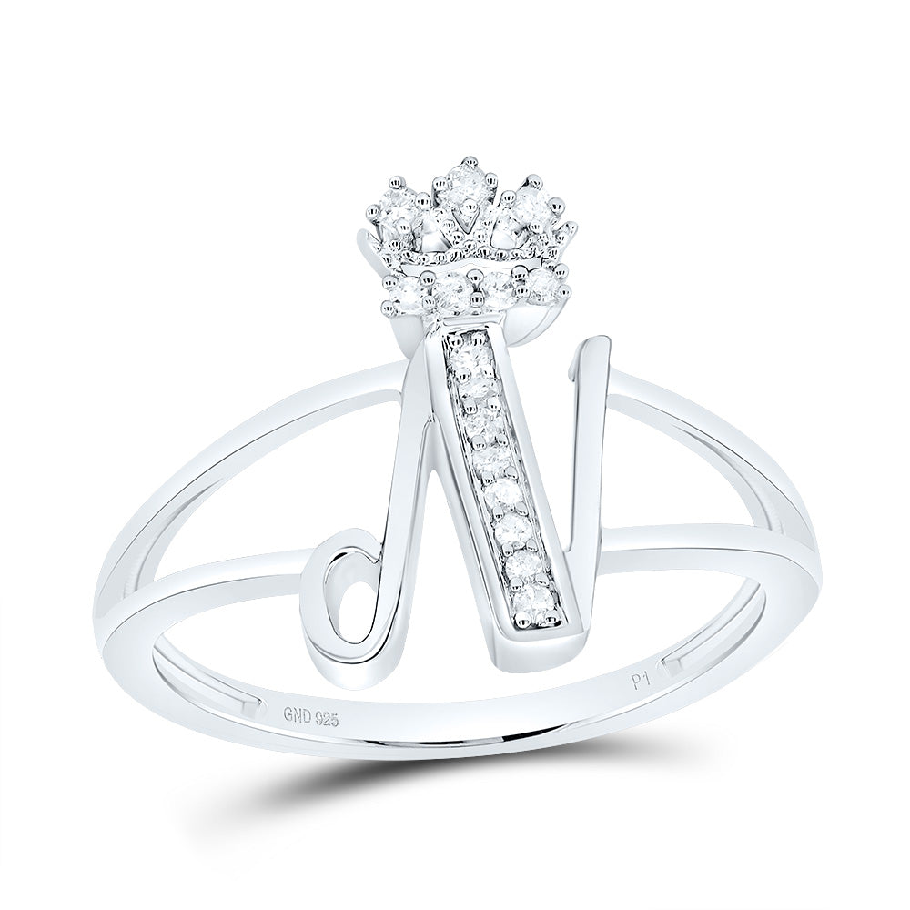 Sterling Silver 1/12 CTW-Natural Diamond Gift Initial "N" Crown Ladies Ring 2.00 Gram