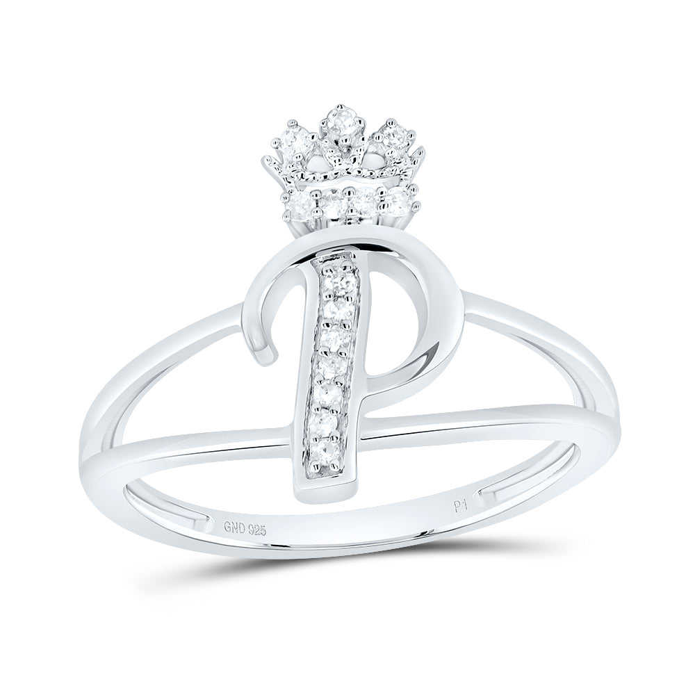 Sterling Silver 1/12 CTW-Natural Diamond Gift Initial "P" Crown Ladies Ring 2.04 Gram