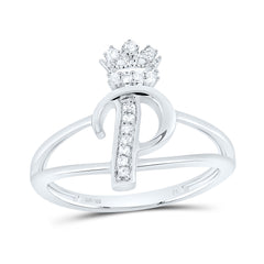 Sterling Silver 1/12 CTW-Natural Diamond Gift Initial "P" Crown Ladies Ring 2.04 Gram