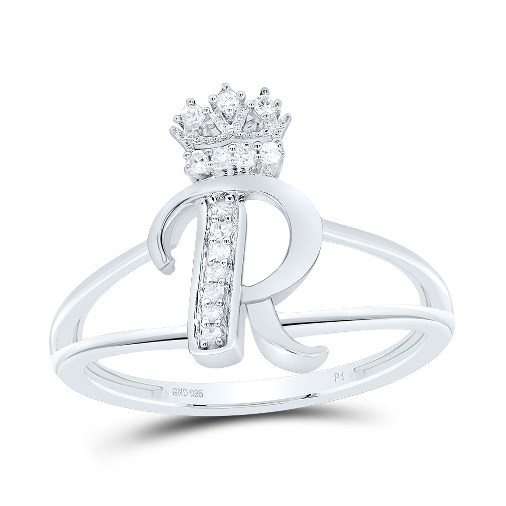 Sterling Silver 1/12 CTW-Natural Diamond Gift Initial "R" Crown Ladies Ring 2.05 Gram