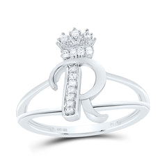 Sterling Silver 1/12 CTW-Natural Diamond Gift Initial "R" Crown Ladies Ring 2.05 Gram