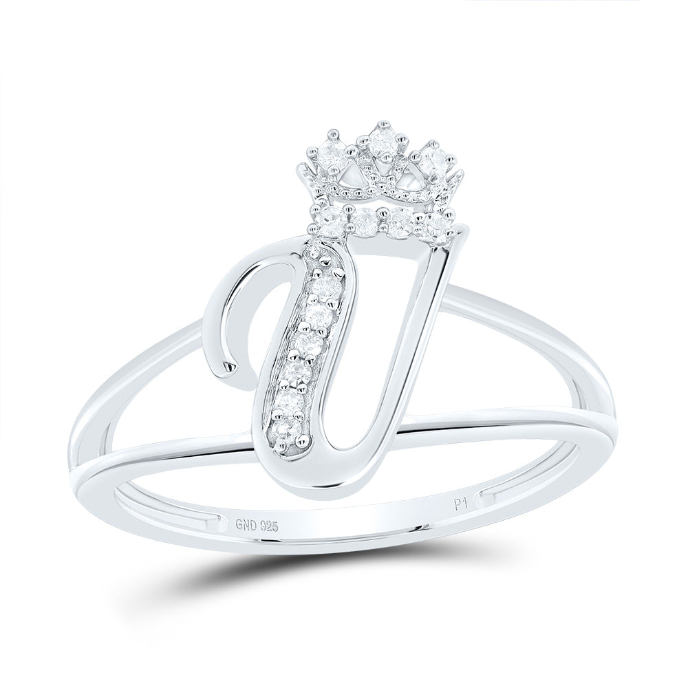 Sterling Silver 1/12 CTW-Natural Diamond Gift Initial "V" Crown Ladies Ring 1.96 Gram
