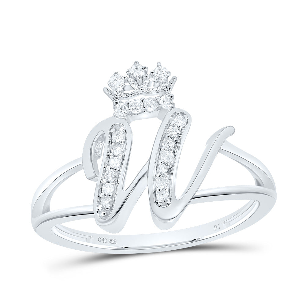 Sterling Silver 1/10 CTW-Natural Diamond Gift Initial "W" Crown Ladies Ring 2.12 Gram