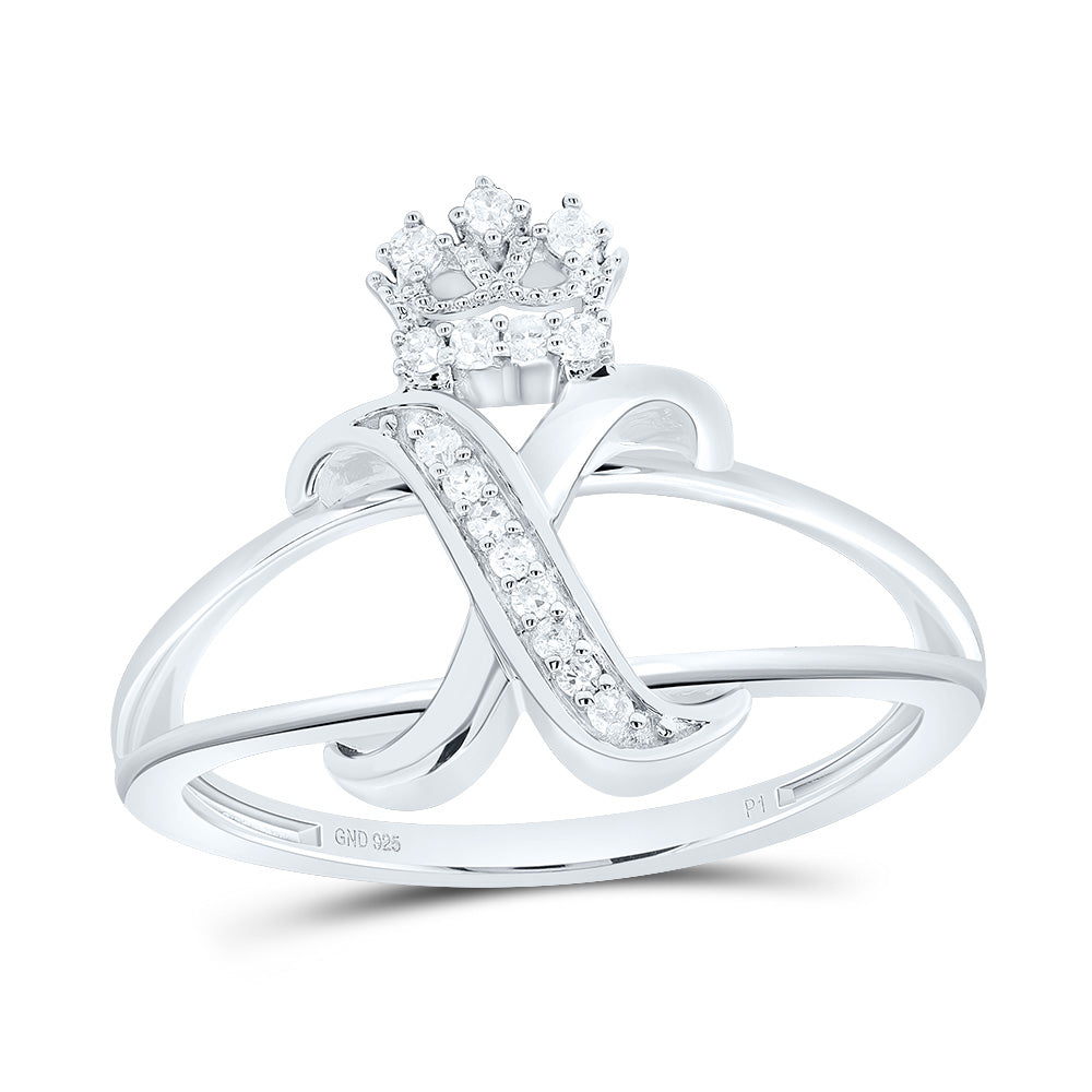 Sterling Silver 1/10 CTW-Natural Diamond Gift Initial "X" Crown Ladies Ring 2.21 Gram