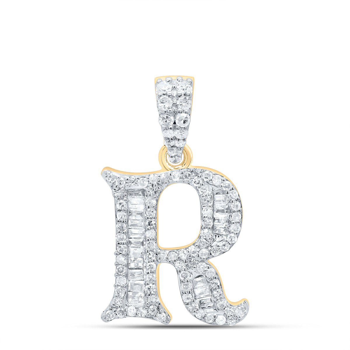 10K Yellow Gold 1/3 CTW-Natural Diamond Gift Initial "R" Baguette Pendant 1.75 Gram
