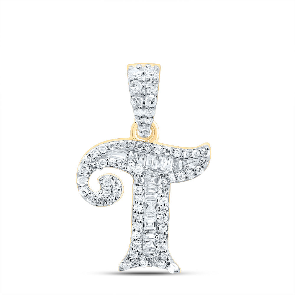 10K Yellow Gold 1/3 CTW-Natural Diamond Gift Initial "T" Baguette Pendant 1.40 Gram