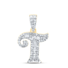 10K Yellow Gold 1/3 CTW-Natural Diamond Gift Initial "T" Baguette Pendant 1.40 Gram
