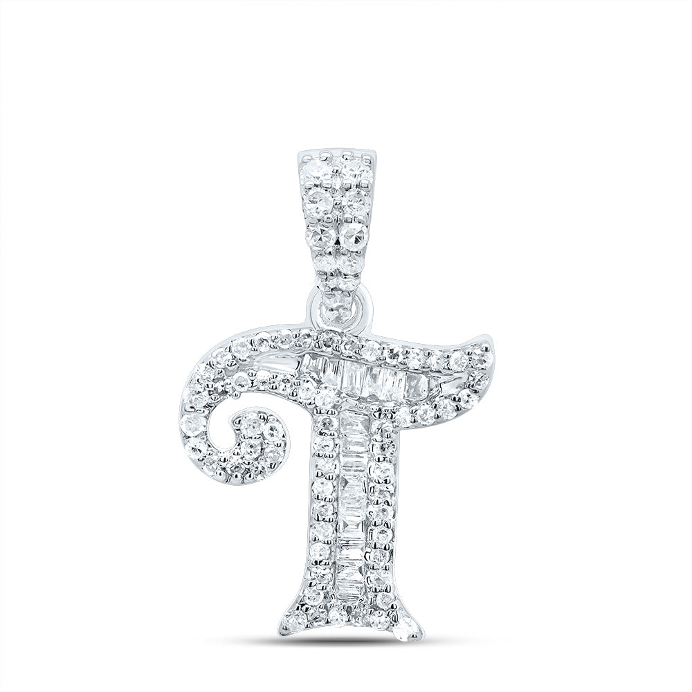 10K White Gold 1/3 CTW-Natural Diamond Gift Initial "T" Baguette Pendant 1.44 Gram