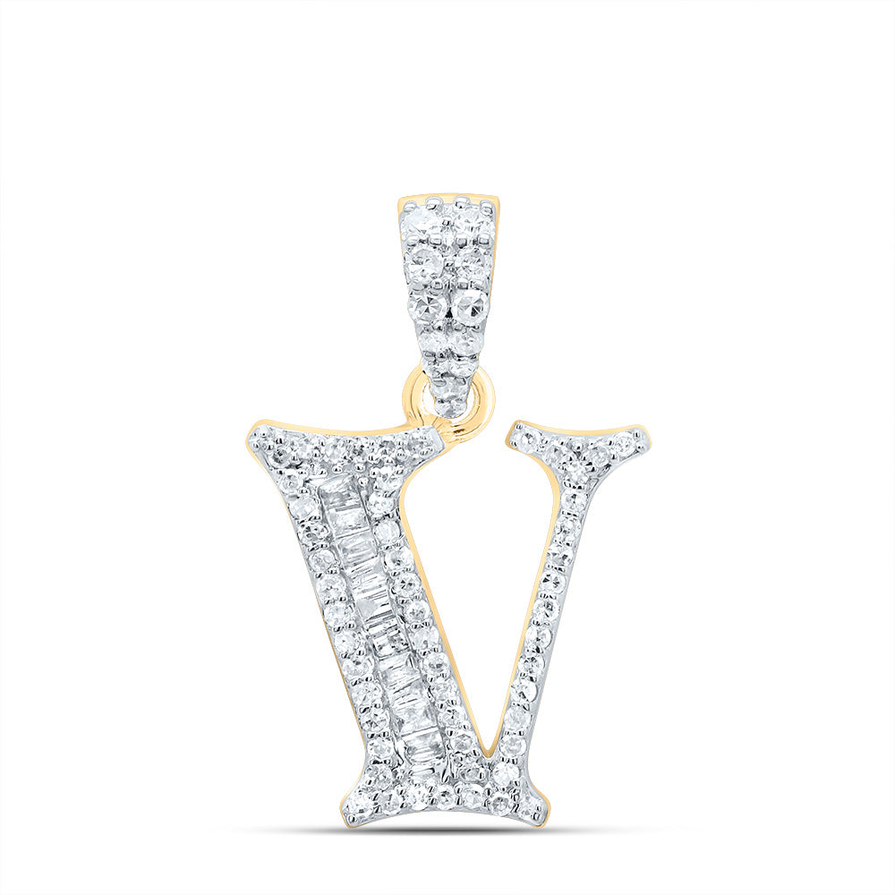 10K Yellow Gold 1/4 CTW-Natural Diamond Gift Initial "V" Baguette Pendant 1.50 Gram
