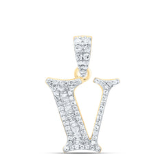 10K Yellow Gold 1/4 CTW-Natural Diamond Gift Initial "V" Baguette Pendant 1.50 Gram
