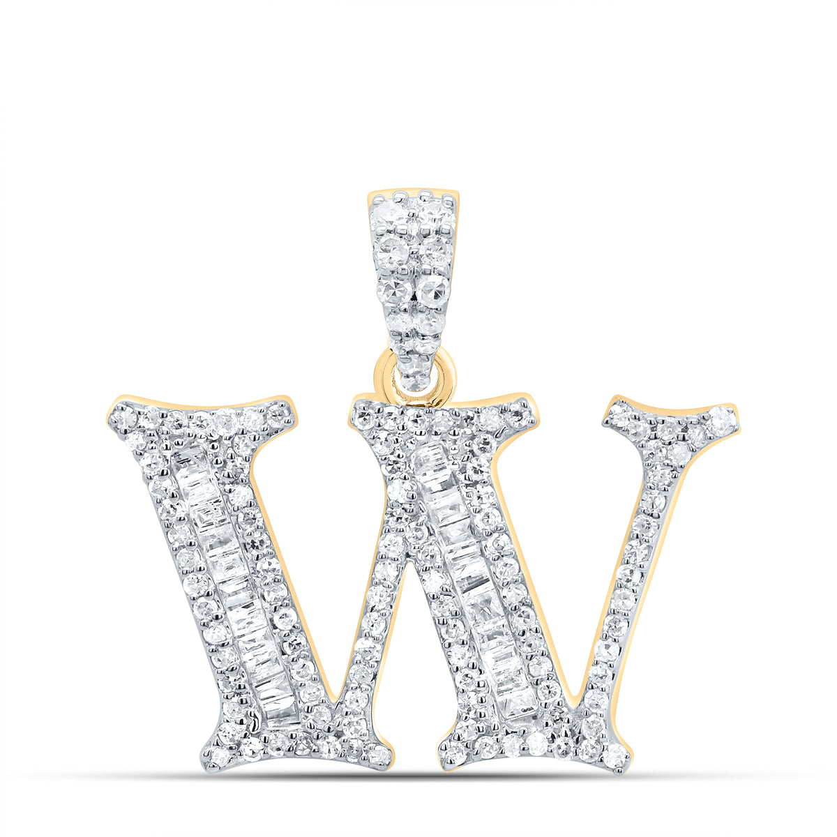 10K Yellow Gold 3/8 CTW-Natural Diamond Gift Initial "W" Baguette Pendant 2.41 Gram