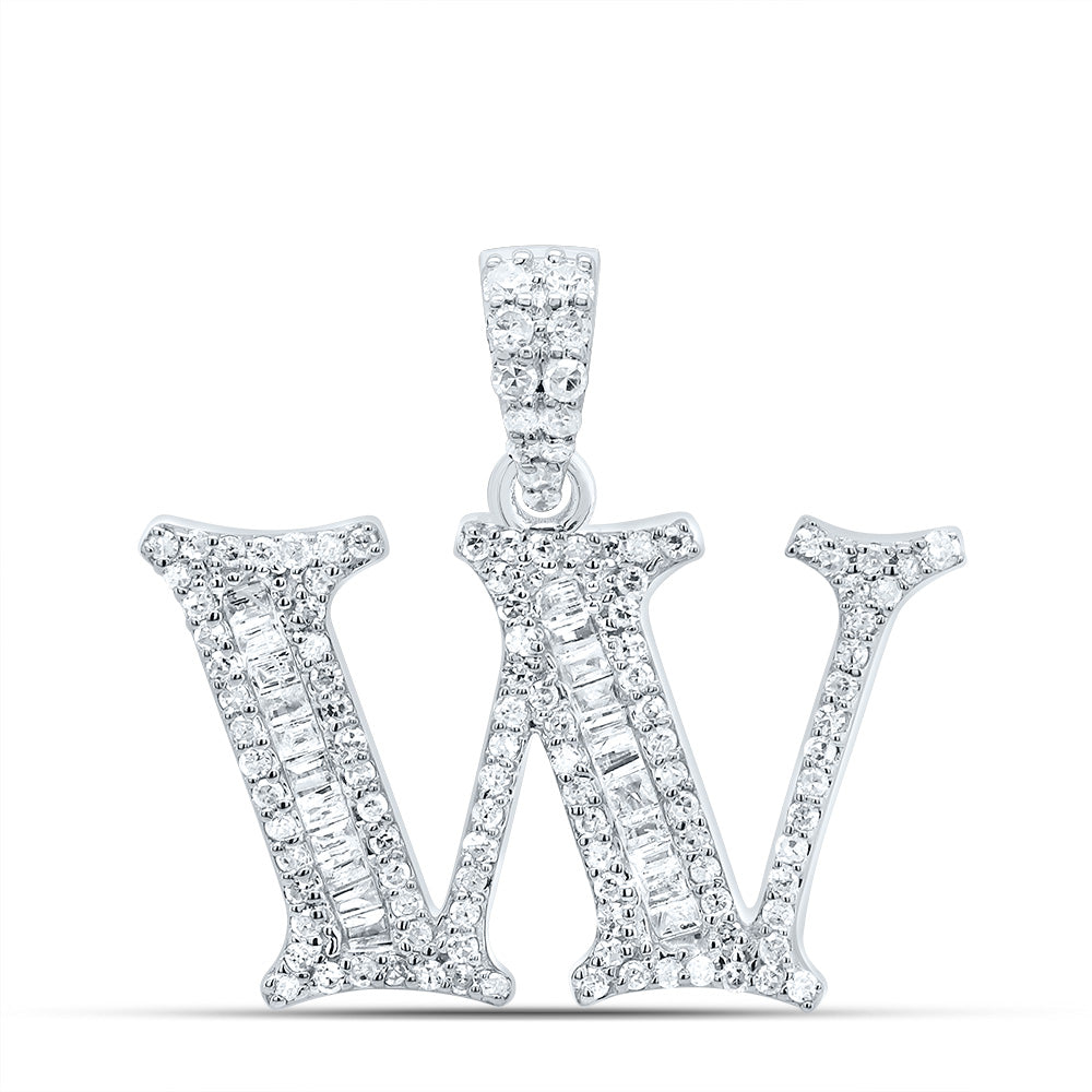 10K White Gold 3/8 CTW-Natural Diamond Gift Initial "W" Baguette Pendant 2.5 Gram