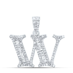 10K White Gold 3/8 CTW-Natural Diamond Gift Initial "W" Baguette Pendant 2.5 Gram