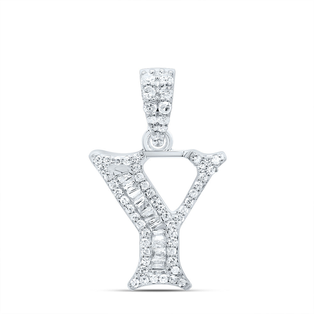10K White Gold 1/4 CTW-Natural Diamond Gift Initial "Y" Baguette Pendant 1.39 Gram