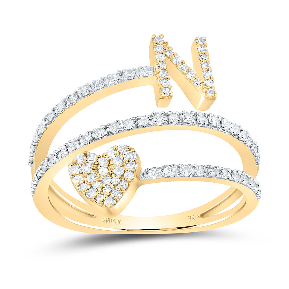 10K Yellow Gold 3/8 CTW-Natural Diamond Gift Initial "N" Heart Ladies Ring 2.63 Gram