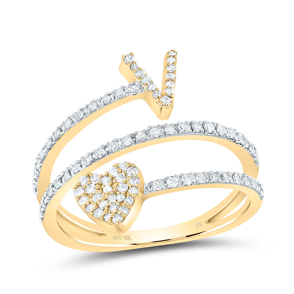 10K Yellow Gold 3/8 CTW-Natural Diamond Gift Initial "V" Heart Ladies Ring 2.36 Gram